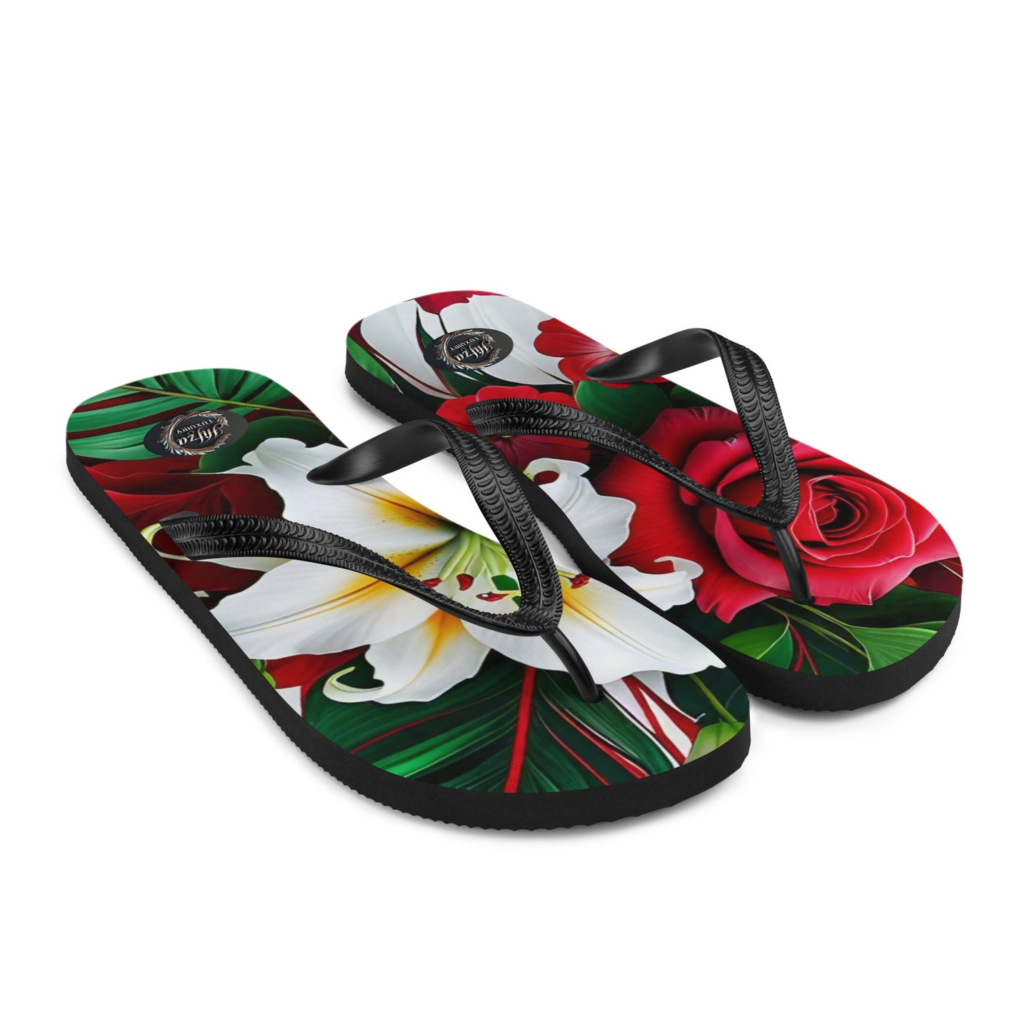 women's flip-flops red rose print