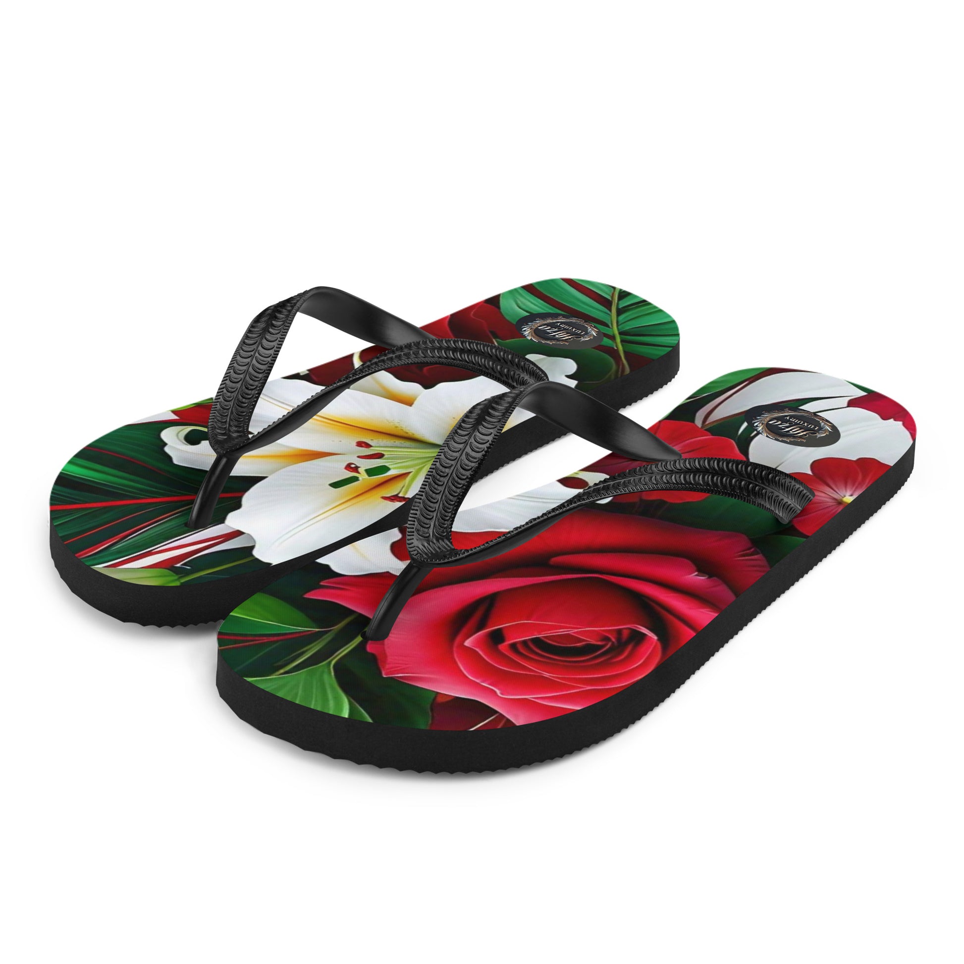 women's flip-flops red white green print